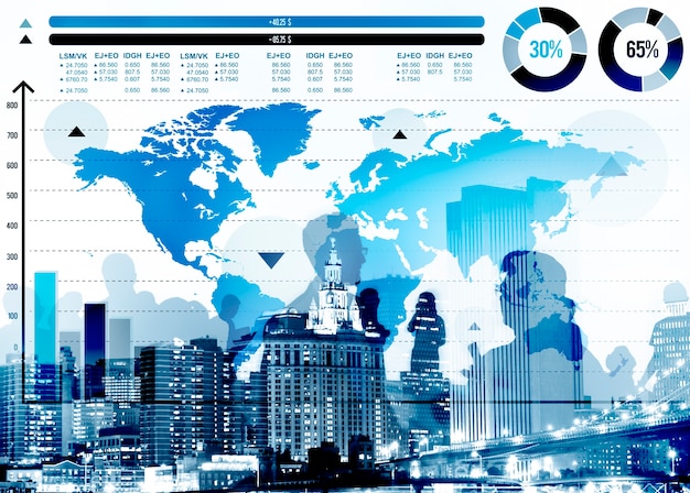 Concetto della mappa di mondo di crescita del grafico commerciale globale