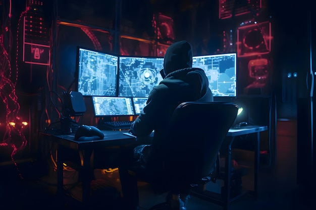 Concetto di crimine informatico Hacker in una stanza oscura con monitor di computer