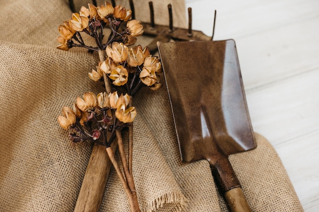 Concetto di giardinaggio con attrezzature su tessuto