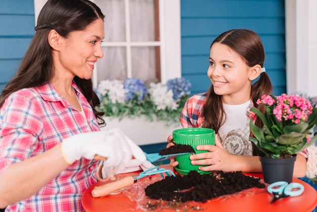 Concetto di giardinaggio con madre e figlia