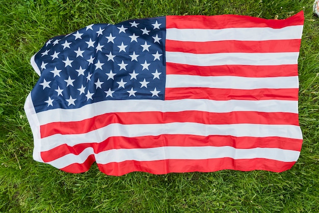 Concetto di giorno di indipendenza con la donna e la bandiera americana su erba