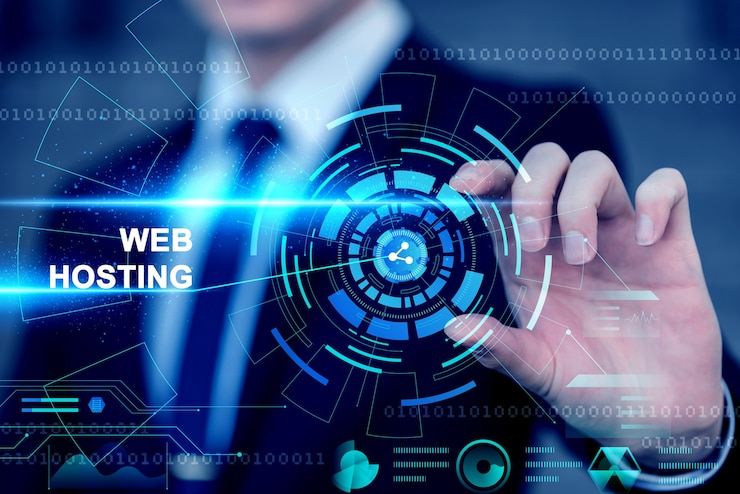 Foto gratuito concetto di hosting di siti web con schermo futuristico