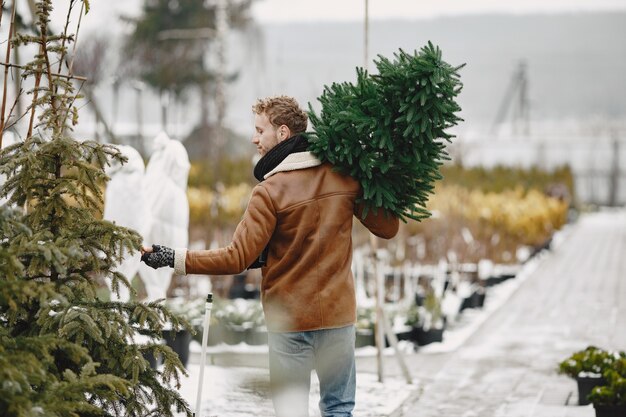 concetto di inverno. Ragazzo con un cappotto marrone. Venditore di albero di Natale.