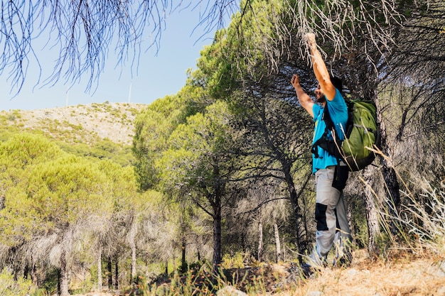 Concetto di libertà di escursionista nella foresta