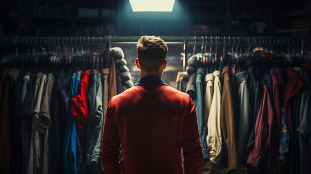 Concetto di moda veloce con l'uomo nel negozio di abbigliamento