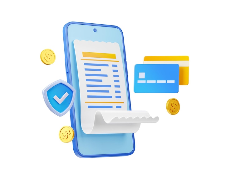 Foto gratuito concetto di sicurezza dei pagamenti online telefono 3d e fattura