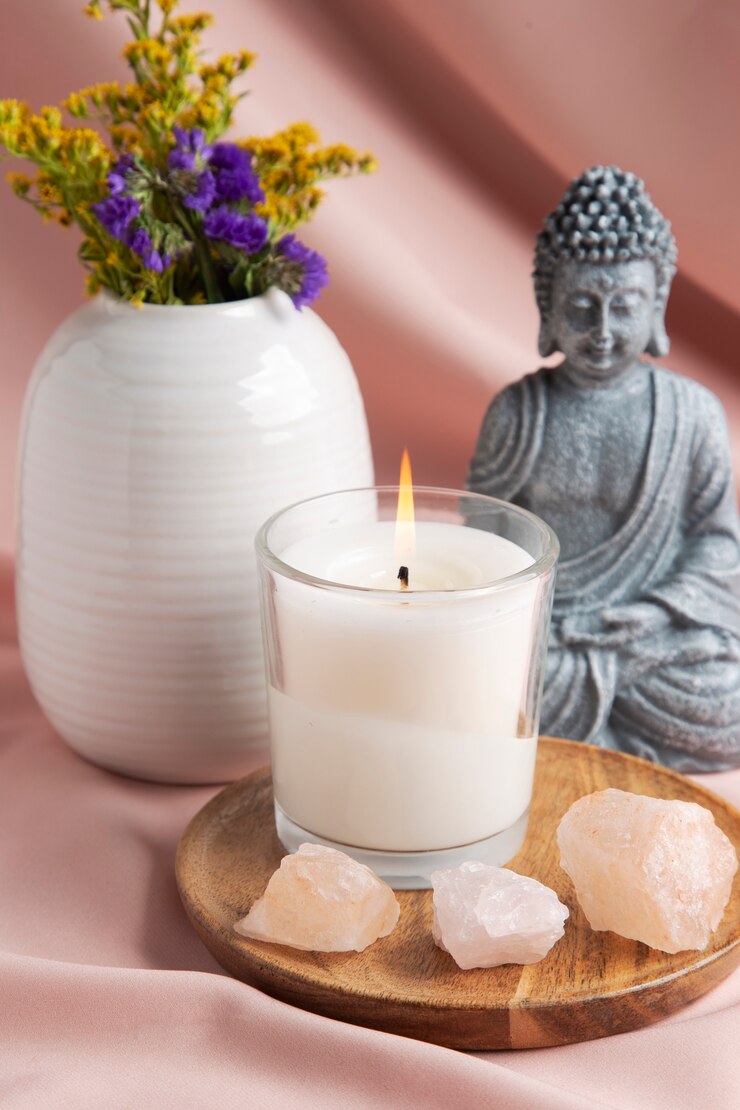 Foto gratuito concetto di simboli reiki con candela e statua