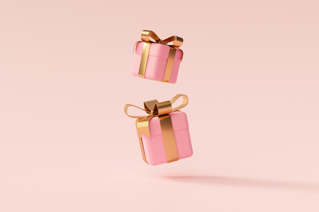 Confezione regalo rosa minimale con nastro d'oro concetto di amore di San Valentino su sfondo rosa pastello Rendering 3D