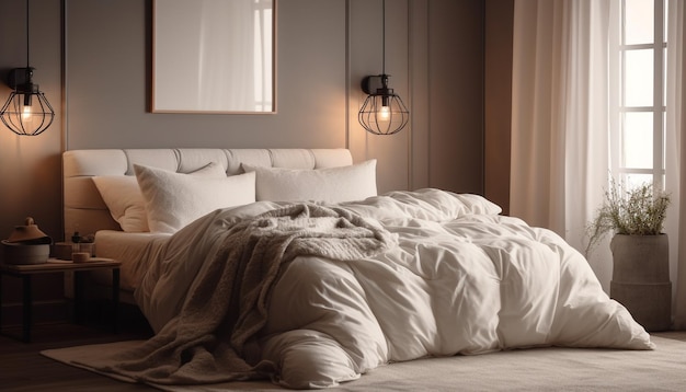 Confortevole camera da letto moderna con un elegante design alberghiero generato da AI