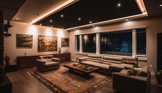 Confortevole soggiorno moderno illuminato con lampada elettrica generata da AI