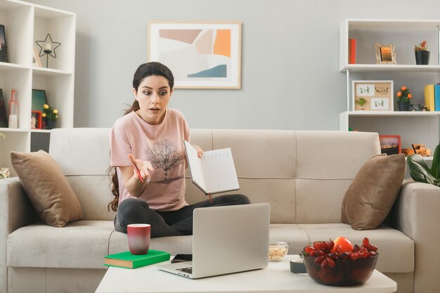 Confuso giovane ragazza con notebook seduto sul divano dietro il tavolino guardando il laptop in soggiorno