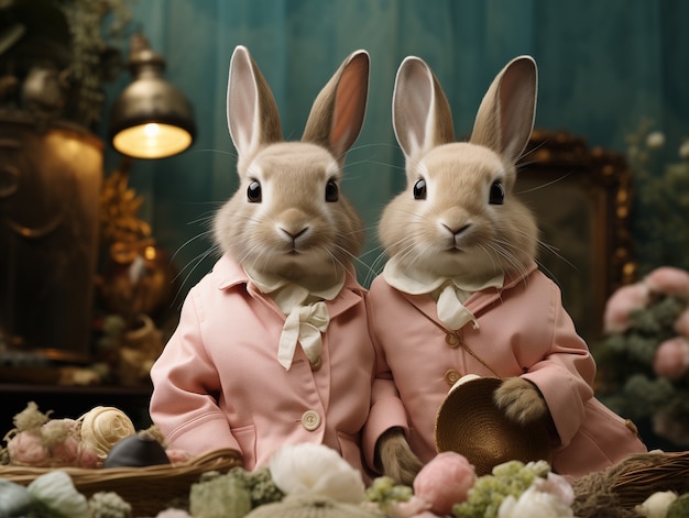 Conigli di Pasqua realistici che indossano un'uniforme in un fiorista