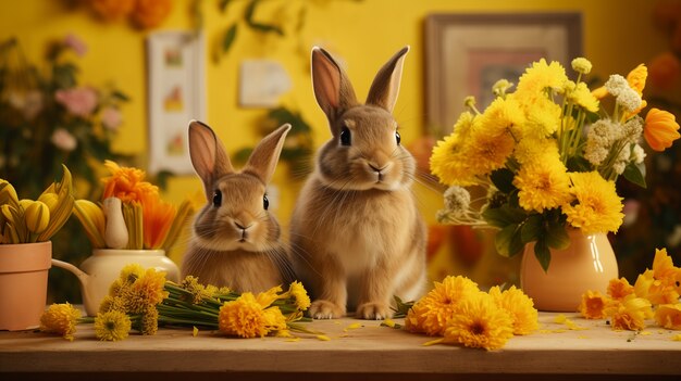Conigli di Pasqua realistici in un fiorista che fanno un bouquet di fiori