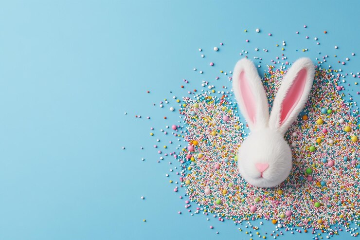 Foto gratuito coniglietto di pasqua in spruzzate colorate su sfondo blu