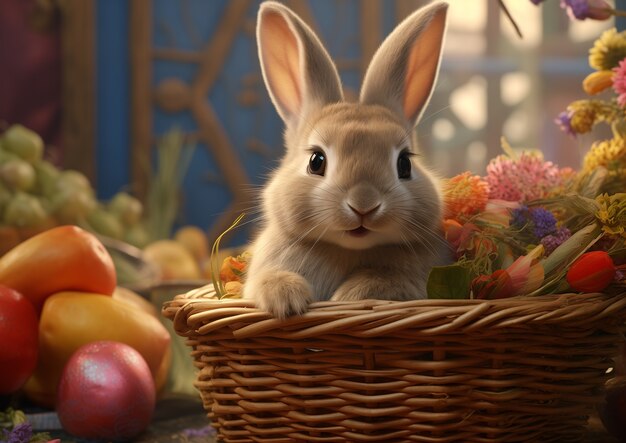 Coniglietto di Pasqua realistico con fiori in un cesto
