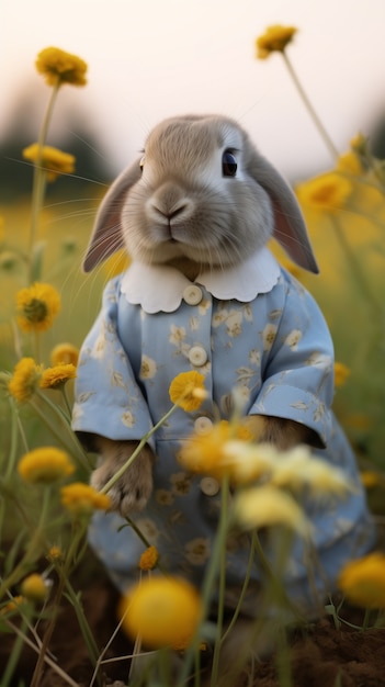 Coniglietto di Pasqua realistico con un vestito floreale in un campo di margherite