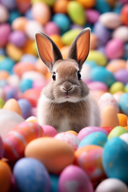 Coniglietto di Pasqua realistico e carino con uova di Pasqua colorate