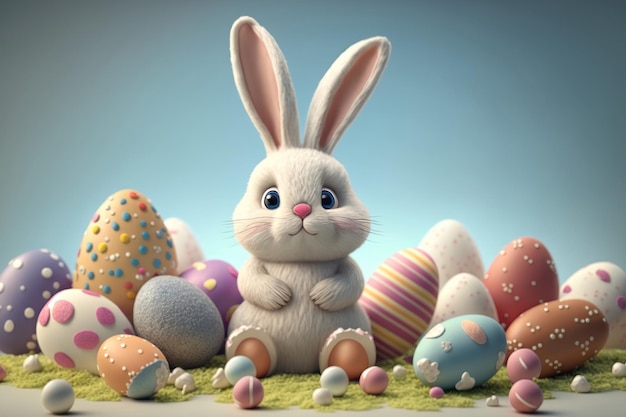 Coniglietto felice con molte uova di Pasqua sull'erba Sfondo festivo per il design decorativo