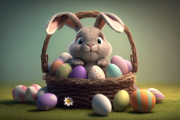 Coniglietto felice con molte uova di Pasqua sull'erba Sfondo festivo per il design decorativo