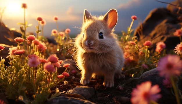 Coniglio soffice seduto in un prato verde godendo del tramonto estivo generato dall'intelligenza artificiale