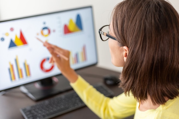 Consulente caucasico analisi aziendale finanziaria donna con grafici dashboard dati