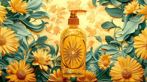 Contenitore di prodotti cosmetici con sfondo in rilievo solare ispirato all'art nouveau