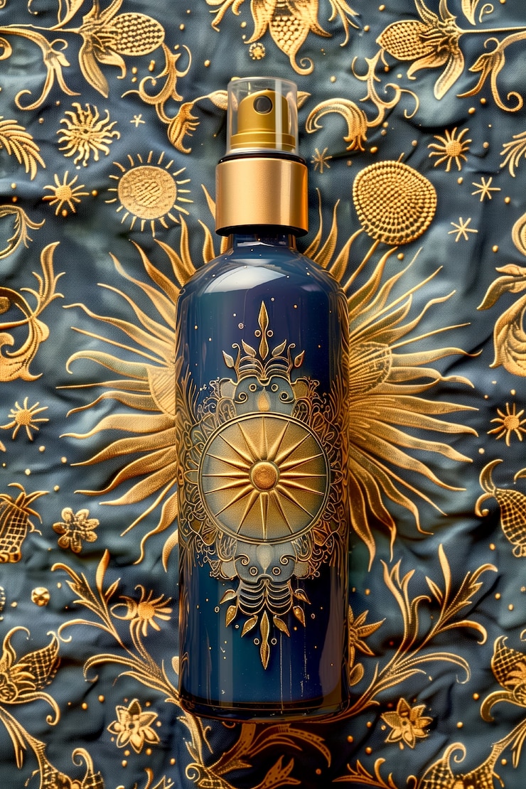 Foto gratuito contenitore di prodotti cosmetici con sfondo in rilievo solare ispirato all'art nouveau