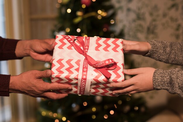 Contenitore di regalo della tenuta dell&#39;uomo e della donna in involucro vicino all&#39;albero di Natale