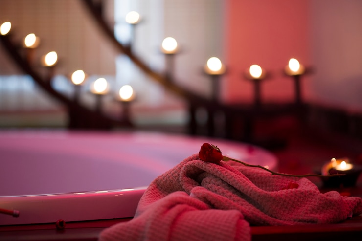 Foto gratuito coperta con rosa rossa e sfondo sfocato