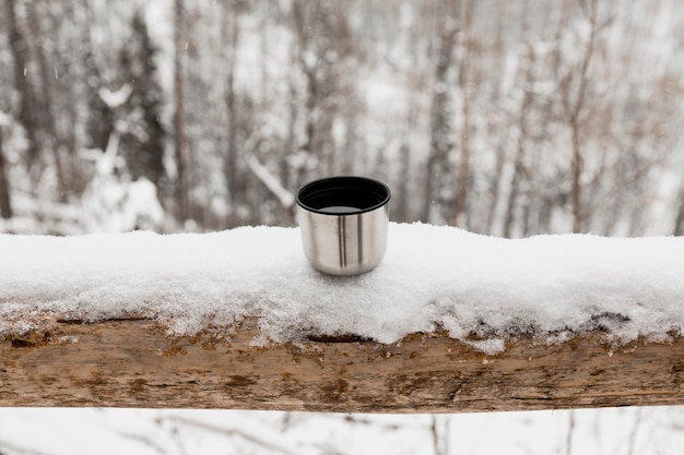 Coppa di metallo nella foresta invernale