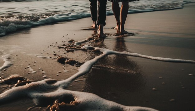 Coppia a piedi nudi che cammina sulla sabbia bagnata al tramonto generata dall'intelligenza artificiale