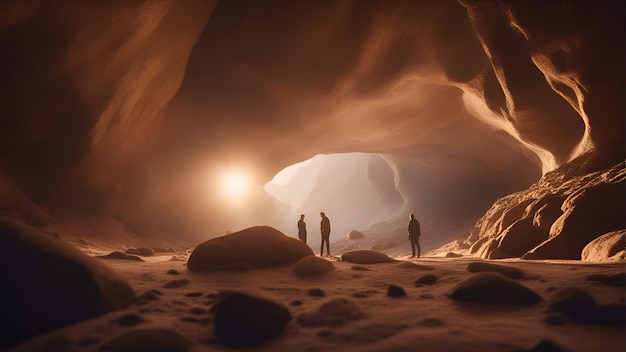 Coppia che cammina nella grotta al tramonto Rendering 3D