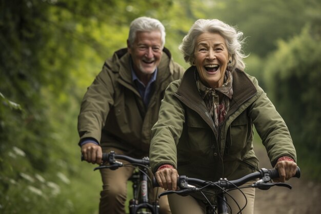 Coppia di anziani che vanno in bicicletta insieme all'aperto