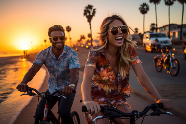 Coppia in bicicletta sulla spiaggia al tramonto