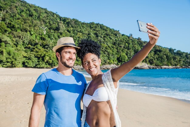 Coppia, prendere, selfie, spiaggia