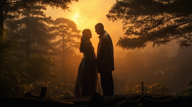 Coppia romantica a tutto campo nella foresta