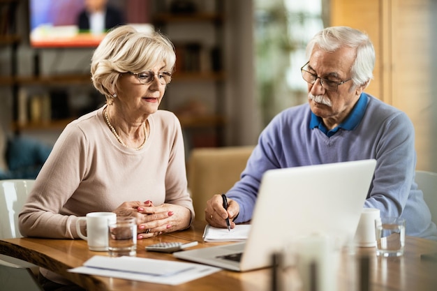 Coppia senior che utilizza il computer e prende appunti mentre analizza le loro finanze domestiche