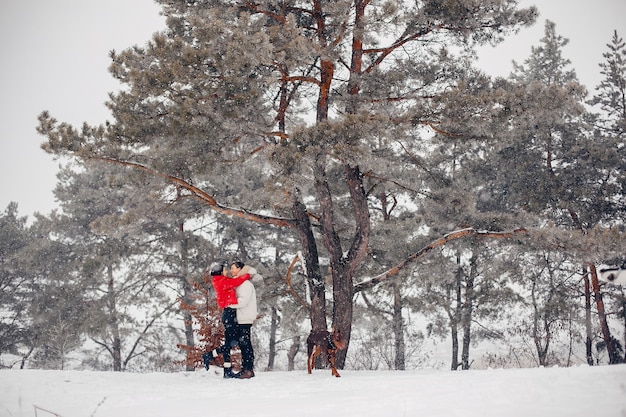 Coppie amorose che camminano in un parco di inverno