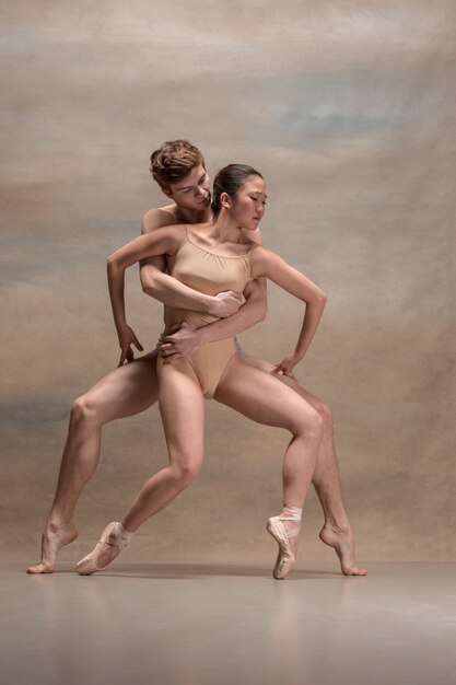 Coppie dei ballerini di balletto che posano sopra il gray.