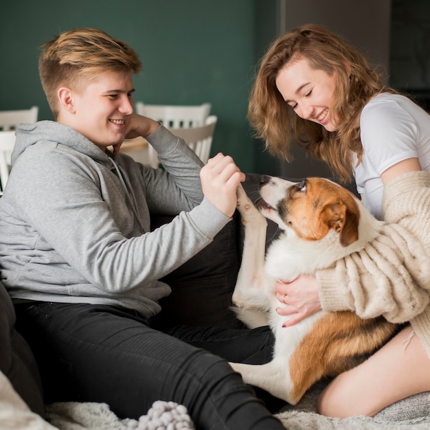 Coppie dell'angolo alto che giocano con il cane