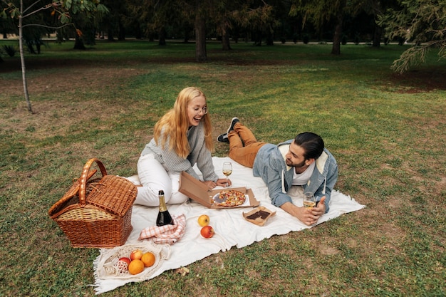 Coppie di alto angolo che hanno un picnic insieme