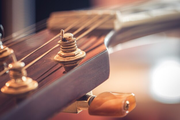 Corde su una ripresa a macroistruzione di chitarra acustica classica