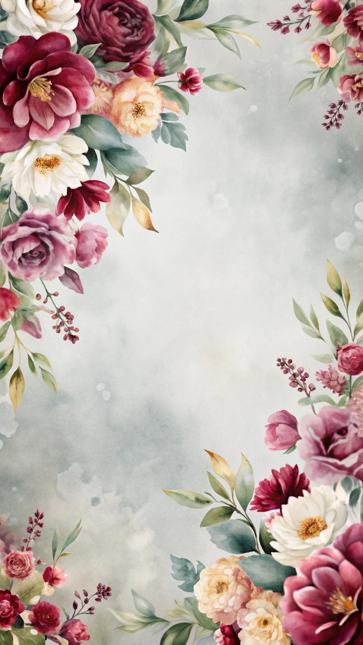 Foto gratuito cornice floreale ad acquerello con delicate rose e foglie su uno sfondo grigio morbido