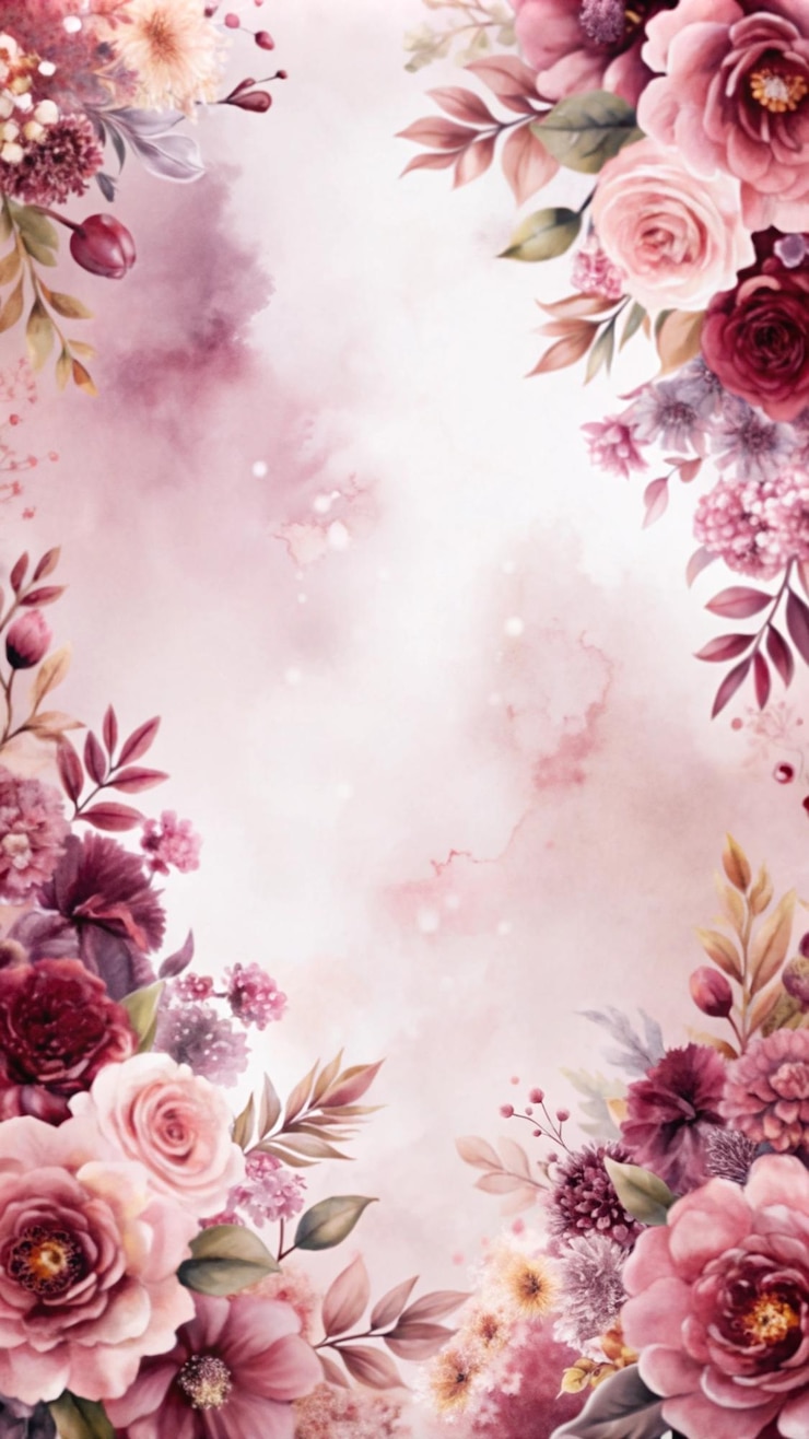 Foto gratuito cornice floreale ad acquerello con fiori rossi e viola su uno sfondo rosa morbido