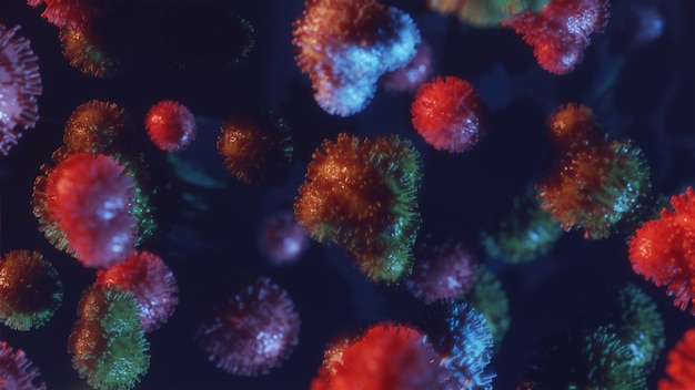 Corona virus influenza ncov 2019 crisi sanitaria mondiale delle cellule. Rendering 3D del coronavirus