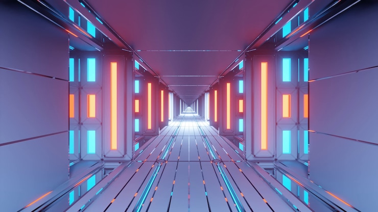 Foto gratuito corridoio futuristico astratto con luci blu e arancioni incandescenti