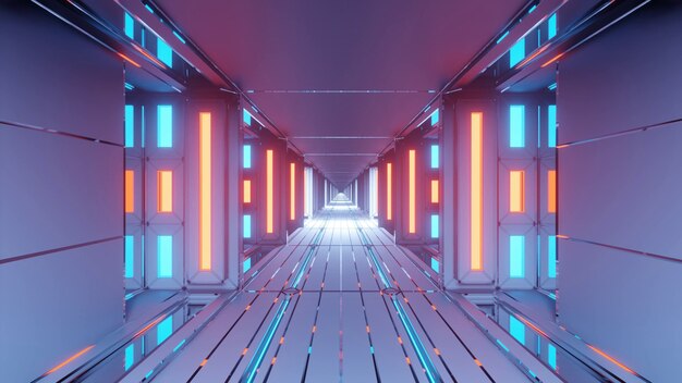 Corridoio futuristico astratto con luci blu e arancioni incandescenti