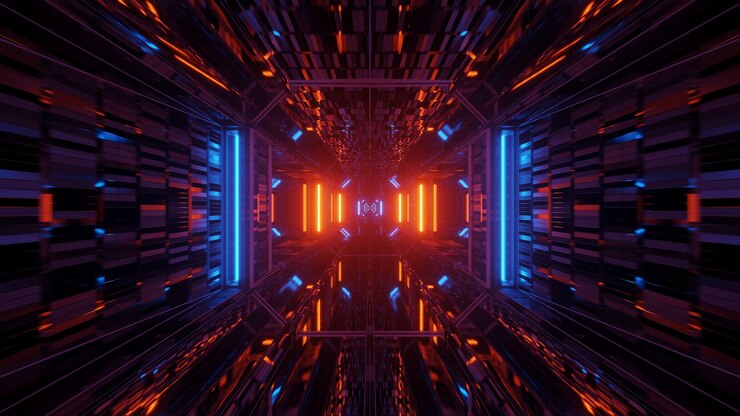 Foto gratuito corridoio tunnel futuristico con luci al neon incandescente, rendering 3d
