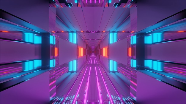 Corridoio tunnel futuristico con luci al neon incandescente, uno sfondo di rendering 3D