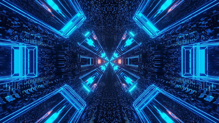 Foto gratuito corridoio tunnel futuristico fantascienza con linee e luci al neon blu e rosse